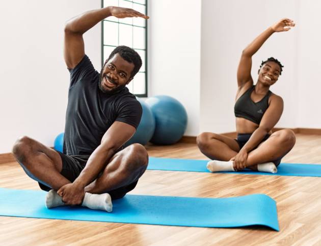 Young,African,American,Sporty,Couple,Smiling,Happy,Training,Yoga,At Young,African,American,Sporty,Couple,Smiling,Happy,Training,Yoga,At